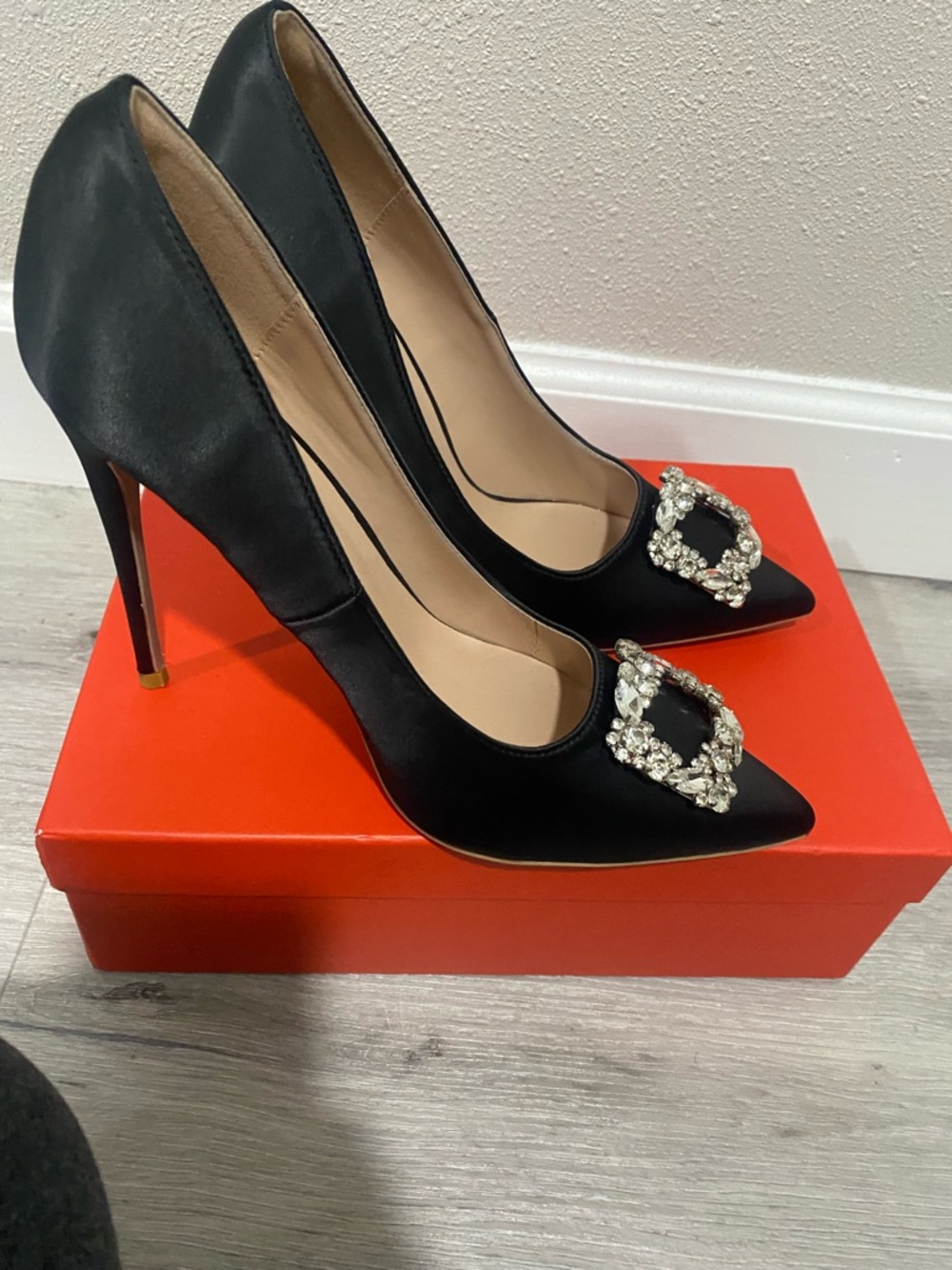 Crystal-Buckle Black Satin Pointed Toe Pumps - Women's Heels